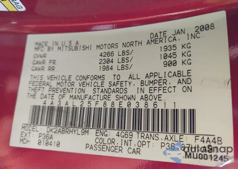 2008 Mitsubishi Eclipse Spyder Gs from USA, damaged, VIN 4A3AL25F88E038611